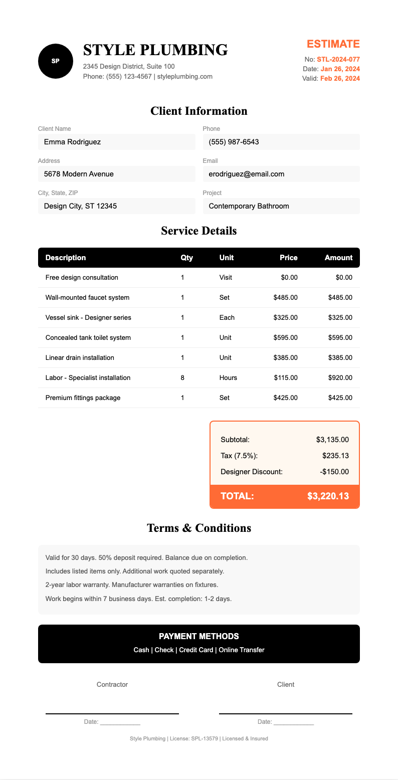 Elegant Professional free plumbing estimate